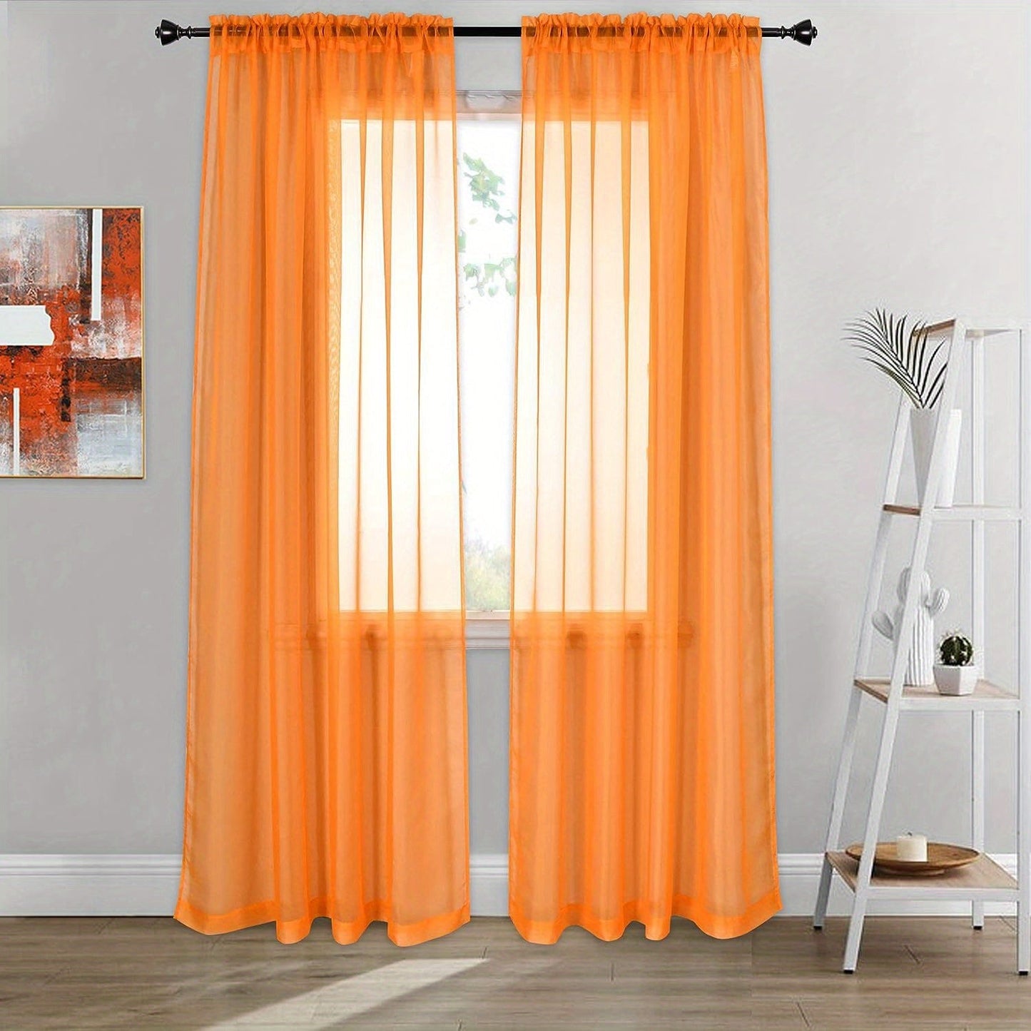 Two panels of sheer curtains with a basic rod pocket design, perfect for adding a touch of elegance to your bedroom, office, living room, yard, kitchen, or any other space in your home.