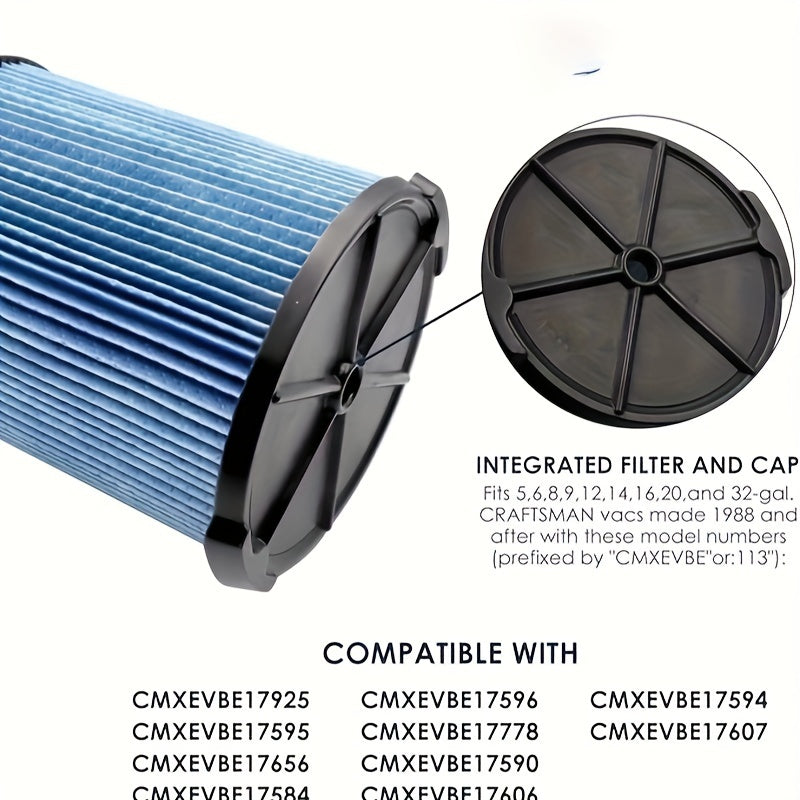 Compatible with Craftsman CMXZVBE38751 vacuum filter - Designed to fit shop vacuums ranging from 18.93 to 75.71 liters, made of blue paper material.