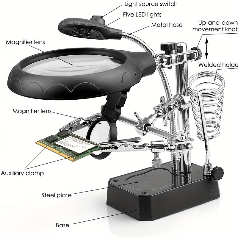 Soldering workstation with magnifying glass, PCB holder, soldering tools, and flexible arm.