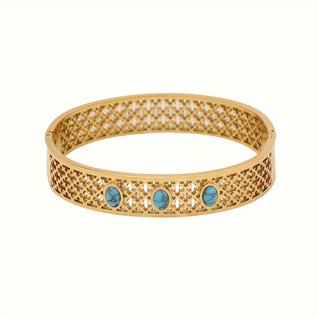 1pc of Vintage Style 18K Golden Plated Stainless Steel Bracelet featuring Turquoise Inlay and Hollow Pattern Design, specially designed for women as a Daily Wear Jewelry piece. This bracelet is the perfect Valentine's Day Gift.