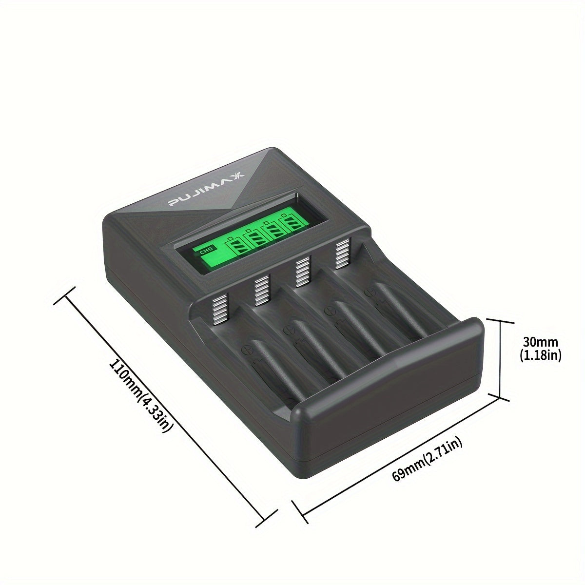 PUJIMAX 4-slot LCD smart charger for AA/AAA Ni-MH/Ni-CD rechargeable batteries with USB power mode, operating voltage ≤36V, battery not included.