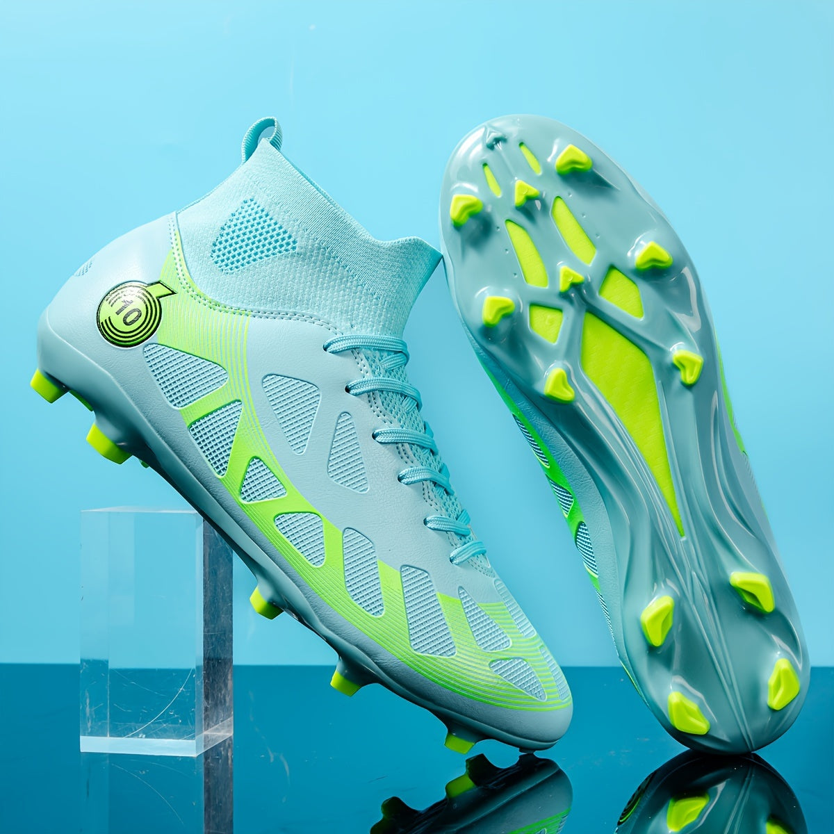 High-top men's soccer cleats with long studs, white & teal design for outdoor training and matches.