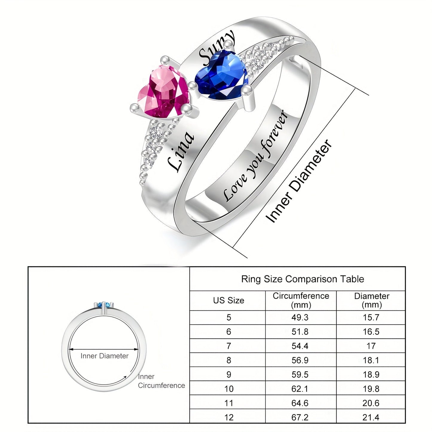 Elegantly personalized ladies' ring with custom name engraving and birthstone option. Made of silver plated copper and synthetic zirconia, this versatile piece is perfect for both daily wear and special occasions. An ideal gift for Thanksgiving