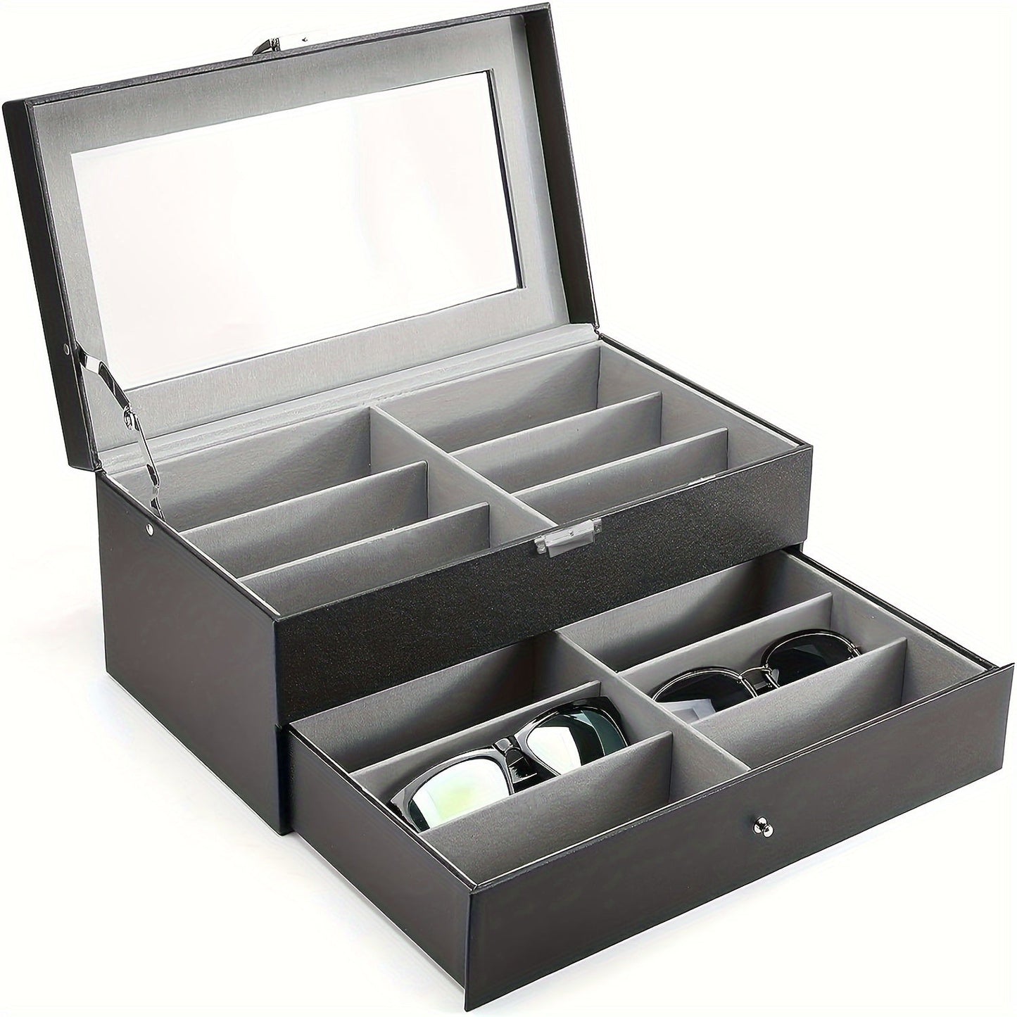 Elegant Gray Faux Leather Eyeglasses Organizer - 12-Slot Storage Case for Stylish Men and Women