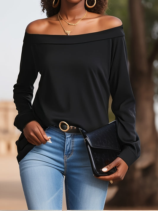 Yozgi uslubda, uzun yengli, cho'ziluvchan matodan tayyorlangan, kuz uchun ayollar uchun qulay off-shoulder lounge top.