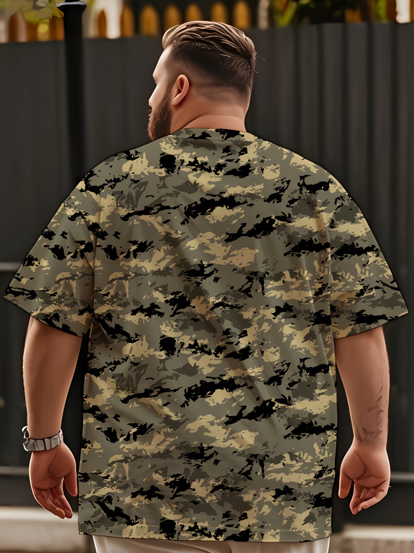 Regular fit camo print tee for plus size men with tattoo art design, suitable for casual, sports, and party wear.