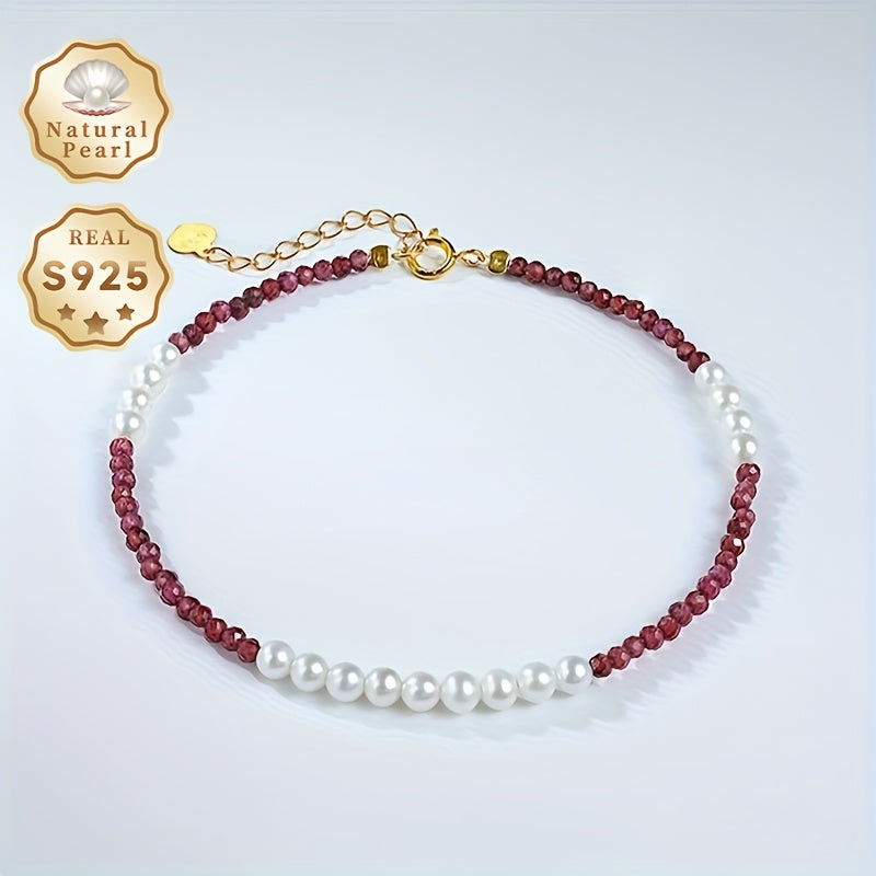 Timeless and classy freshwater pearl and garnet beaded accessory for women, featuring natural 3-4mm round pearls paired with faceted garnet beads. Finished with a silver clasp and presented in a gift-ready box. Perfect for those born in June or as a