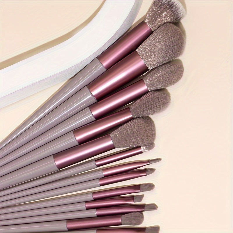 13 piece soft bristle makeup brush set in cream brown with pink & gray handles. Includes powder, blush, eyeshadow, and highlight brushes. Quick-dry, portable, and suitable for all skin