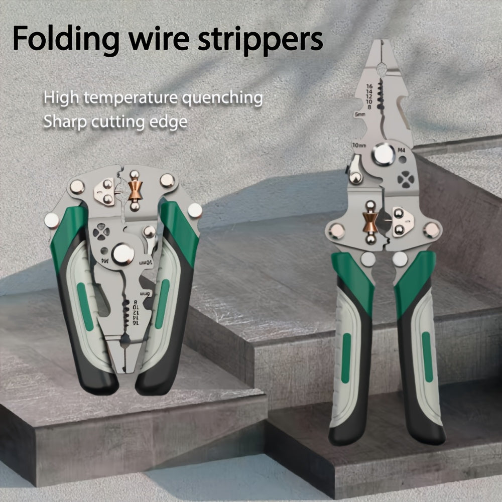 Multi-functional foldable wire strippers designed for electricians, capable of stripping and cutting wires, twisting water pipes, and crimping terminals. Compact for convenient storage and