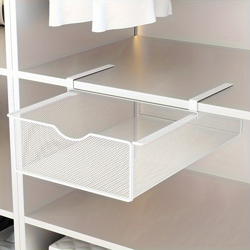 A compact underwear organizer with pull-out hanging storage for bras, socks, and panties. Features a polished metal finish and can be used as a portable closet drawer divider.