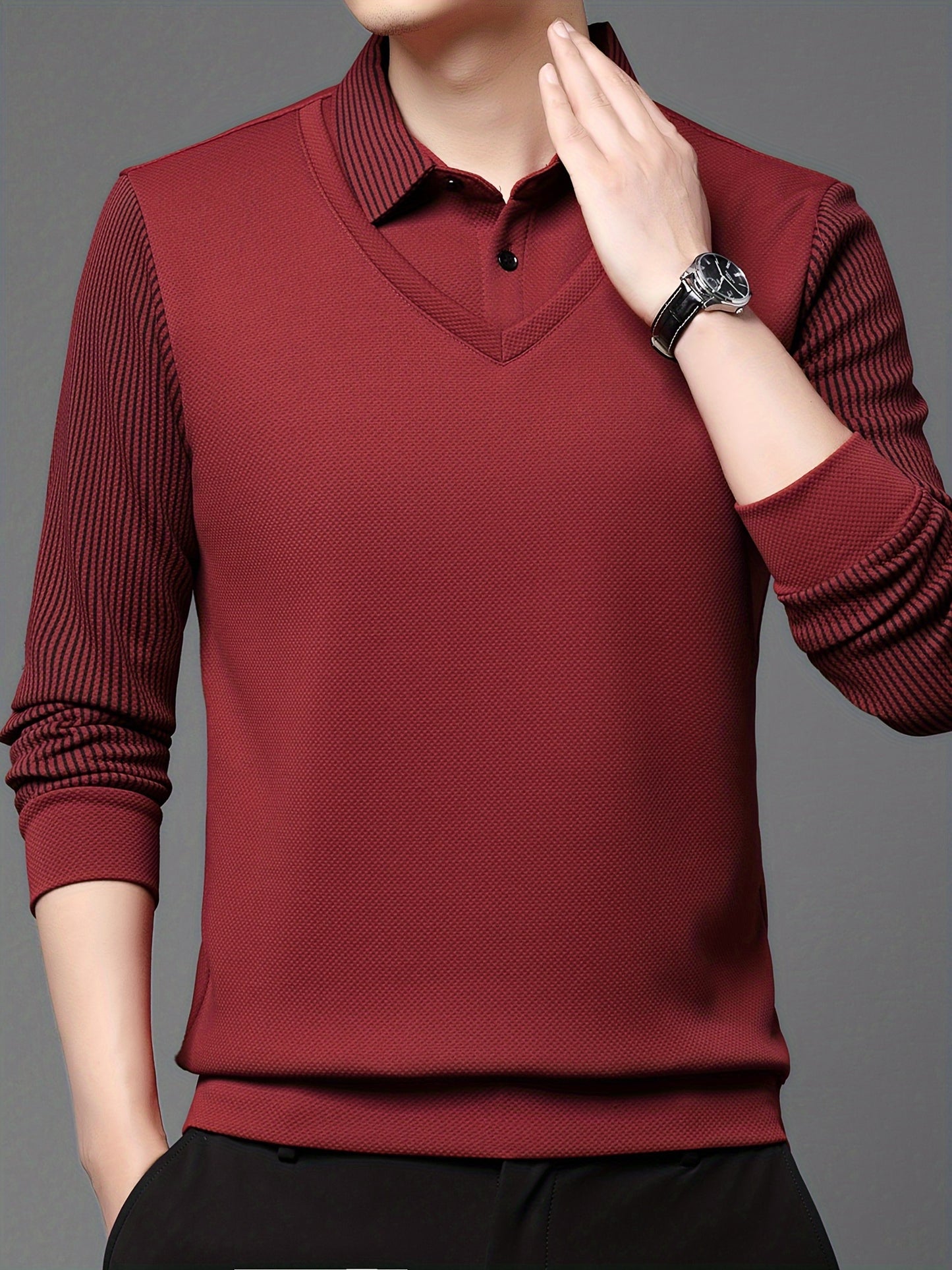 Men's casual long sleeve polo shirt made of polyester and spandex blend with lapel collar, slight stretch striped fabric, and regular fit knit half-placket pullover for spring/fall.