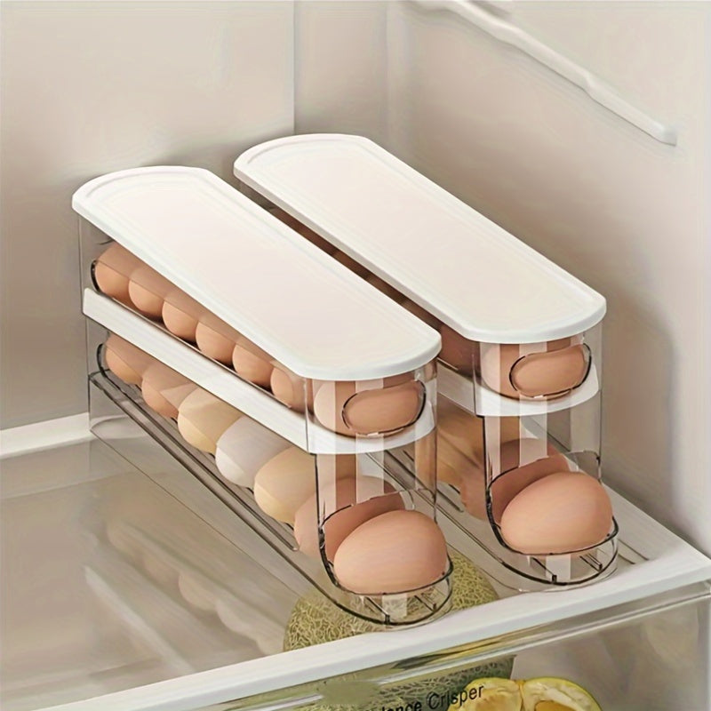 Introducing a convenient Double-Layer Transparent Automatic Rolling Egg Holder, perfect for the side door of your refrigerator. This innovative design makes accessing eggs a breeze, while also freeing up valuable space in your fridge. Versatile enough to