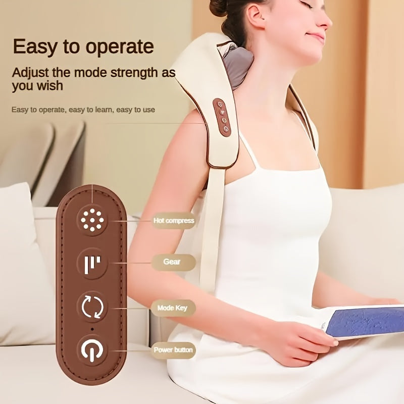 Wireless massage device with adjustable strength and heat compress for shoulder and neck relief, suitable for home and travel.