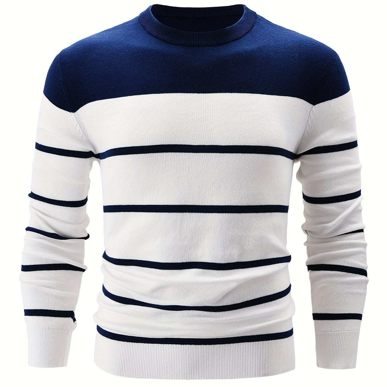 Men's striped crew neck sweater made of 100% cotton knit for casual fall/winter wear.