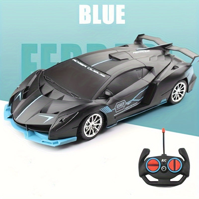 High-speed RC drift racing car with LED lights in red, blue, or black - perfect holiday gift for winter.