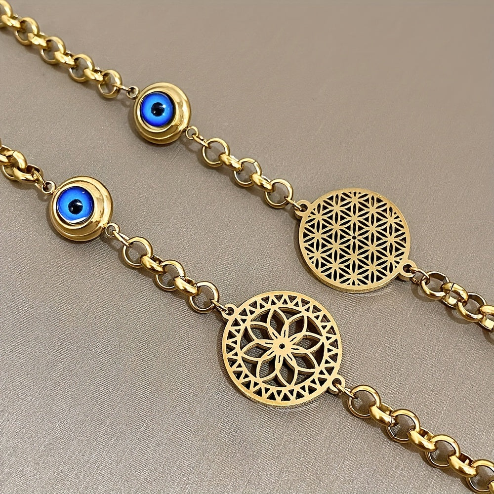 Golden-tone stainless steel bracelet featuring an Evil Eye and Flower of Life design, waterproof and perfect for winter and New Year fashion for women.