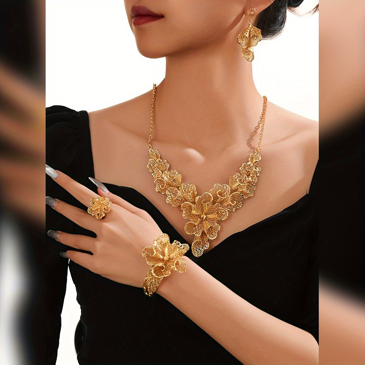 Indulge in the timeless elegance of the MEIZ Vintage Style 18K Golden Plated Copper Jewelry Set - a luxurious 5-piece collection inspired by the opulence of the Middle East. Perfect for women who want to make a statement at parties, festivals, or special