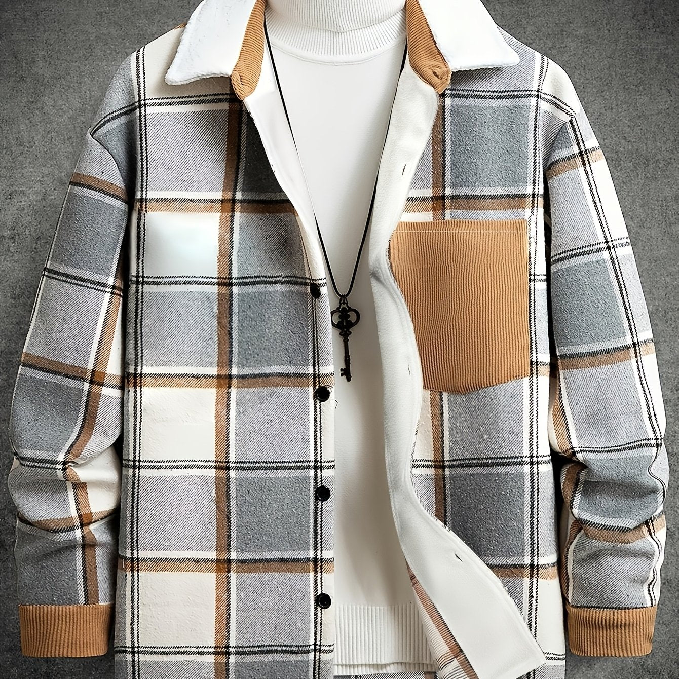 Men's Casual Plaid Shirt made from 100% polyester knit fabric. Features a lapel collar, button details, and slight stretch. Suitable for the spring/fall season, with a regular fit and