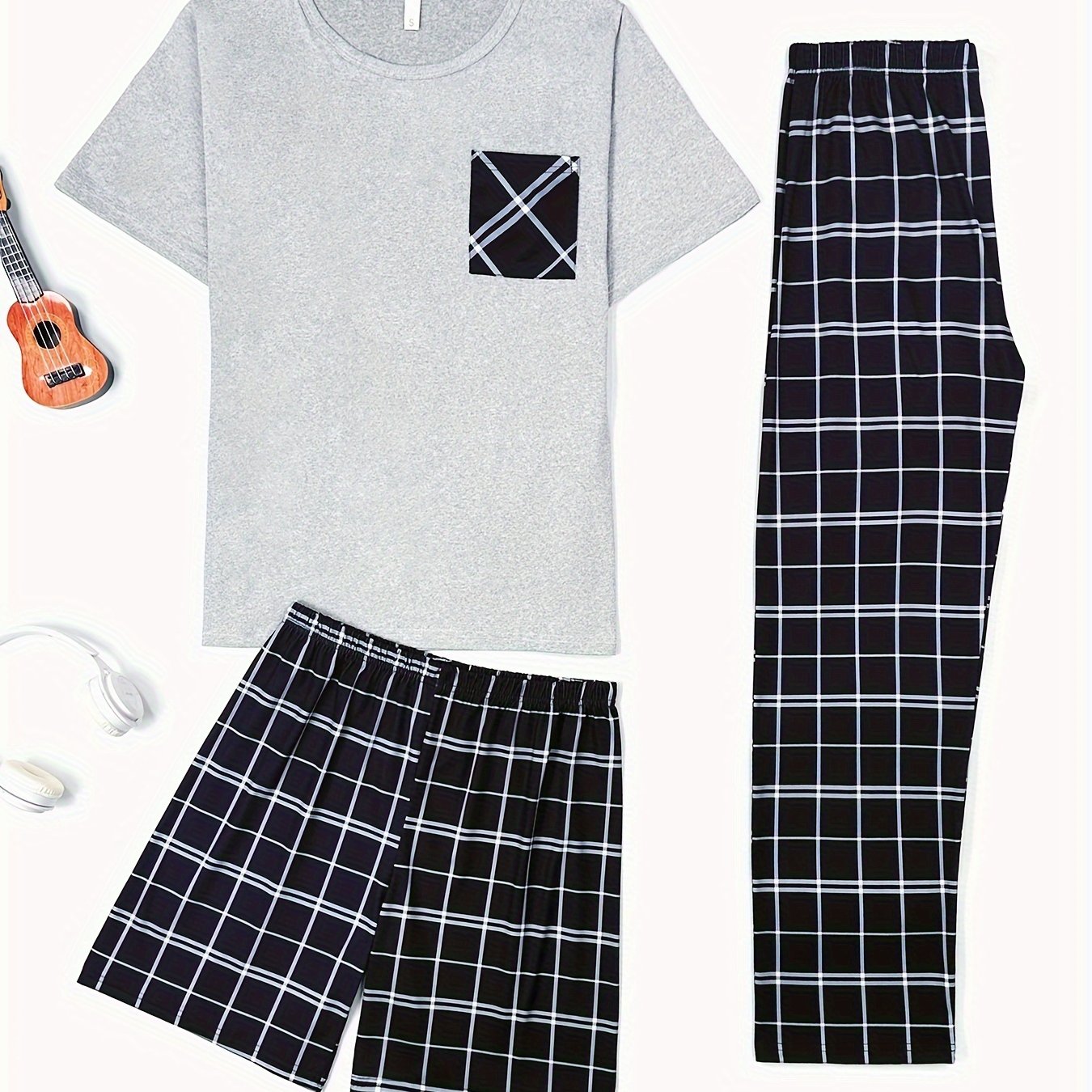 Men's plaid sleepwear set with crew neck t-shirt, long pants, and shorts in comfortable polyester fabric with slight stretch. All season loungewear.