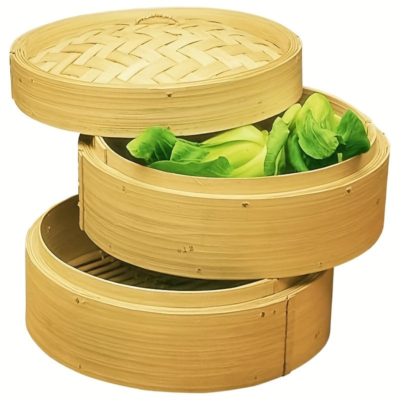 One set includes a three-piece bamboo steamer, each piece measuring 20cm wide. This steamer is perfect for steaming a variety of foods such as dumplings, bread, fish, and meat.