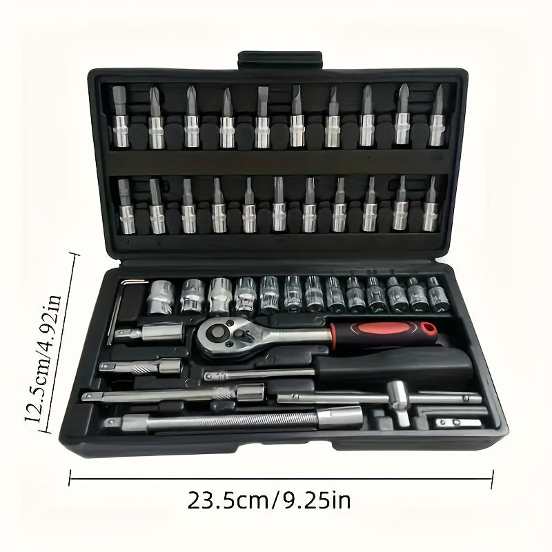 NewShark 46-Piece Socket Set with Quick-Release Ratchet - Carbon Steel Tool Kit for Auto Repairs, Includes Screwdriver Bits, Hex Keys, Extension Bar & Storage Case