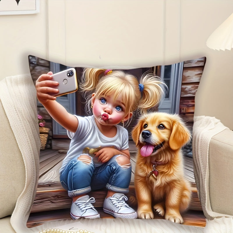 Charming Girl & Dog Print Pillowcase (44.96cm x 44.96cm) - French Style, Machine Washable, Zippered, 100% Polyester - Perfect for Living Room & Bedroom Décor