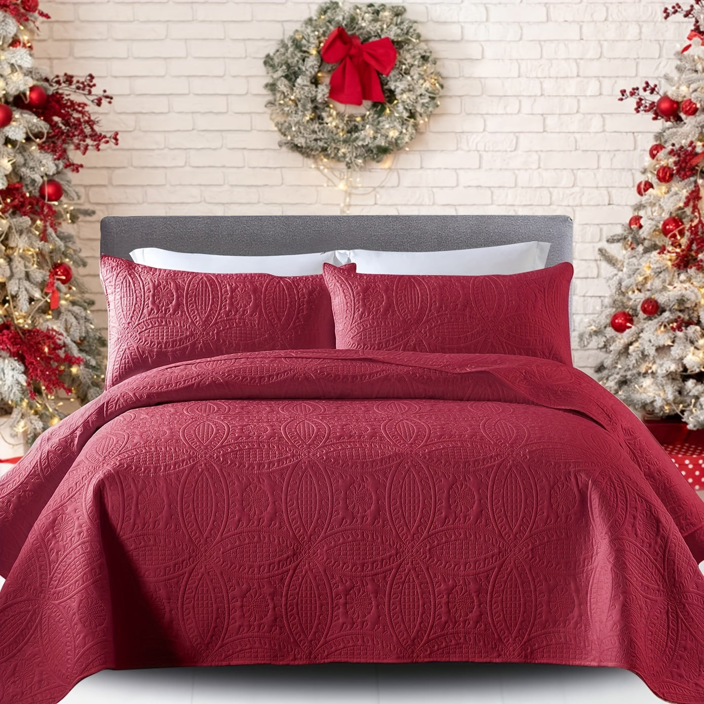 Comfortable and airy three-piece bedspread set featuring Soundwave technology and embossed circles design. Set includes one bedspread and two pillowcases, ideal for adding a touch of summer comfort to your bedroom or dorm decor. The perfect addition to