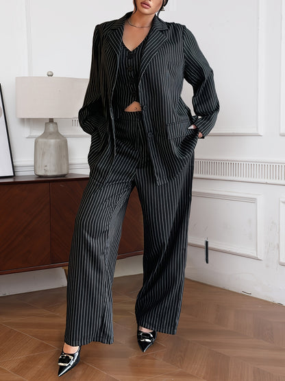 Women's three-piece suit with striped long sleeve jacket, v-neck vest, and trousers for commuting and parties in larger sizes.