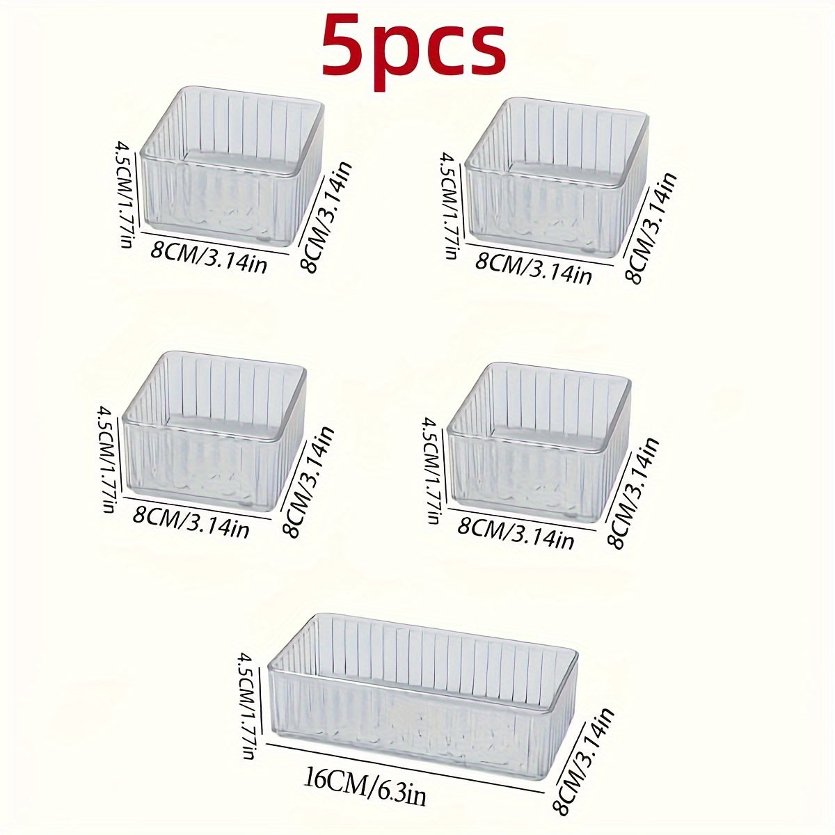 Clear plastic organizer set with customizable drawers for cosmetics and various storage needs, suitable for multiple spaces.