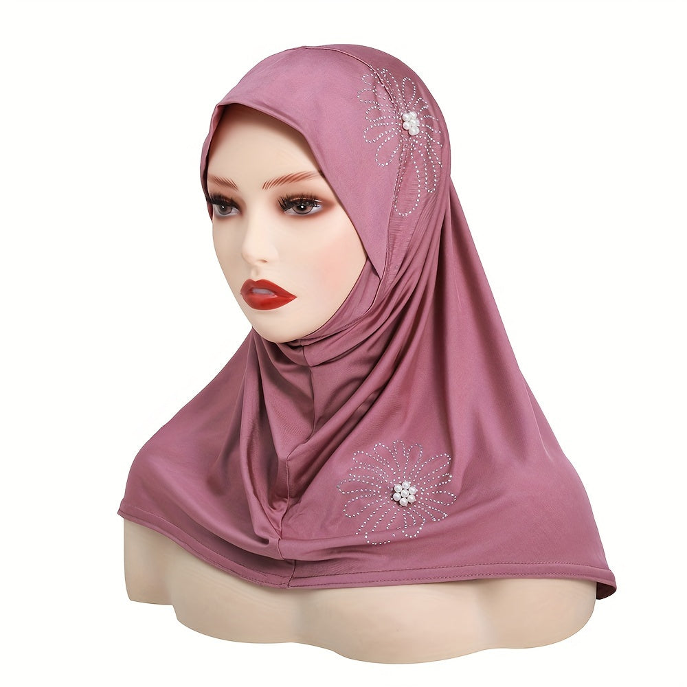 Women's Solid Color Elastic Polyester Hijab with Rhinestone and Pearl accents, full coverage chin cap, easy wear instant scarf for casual use, 100% polyester woven fabric with decorative