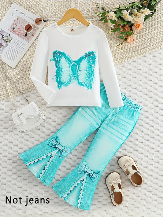 Girls' outfit set includes a long sleeve top with butterfly print and flared faux denim pants with a bow detail. Made of slight stretch knit fabric with an animal pattern, this regular fit