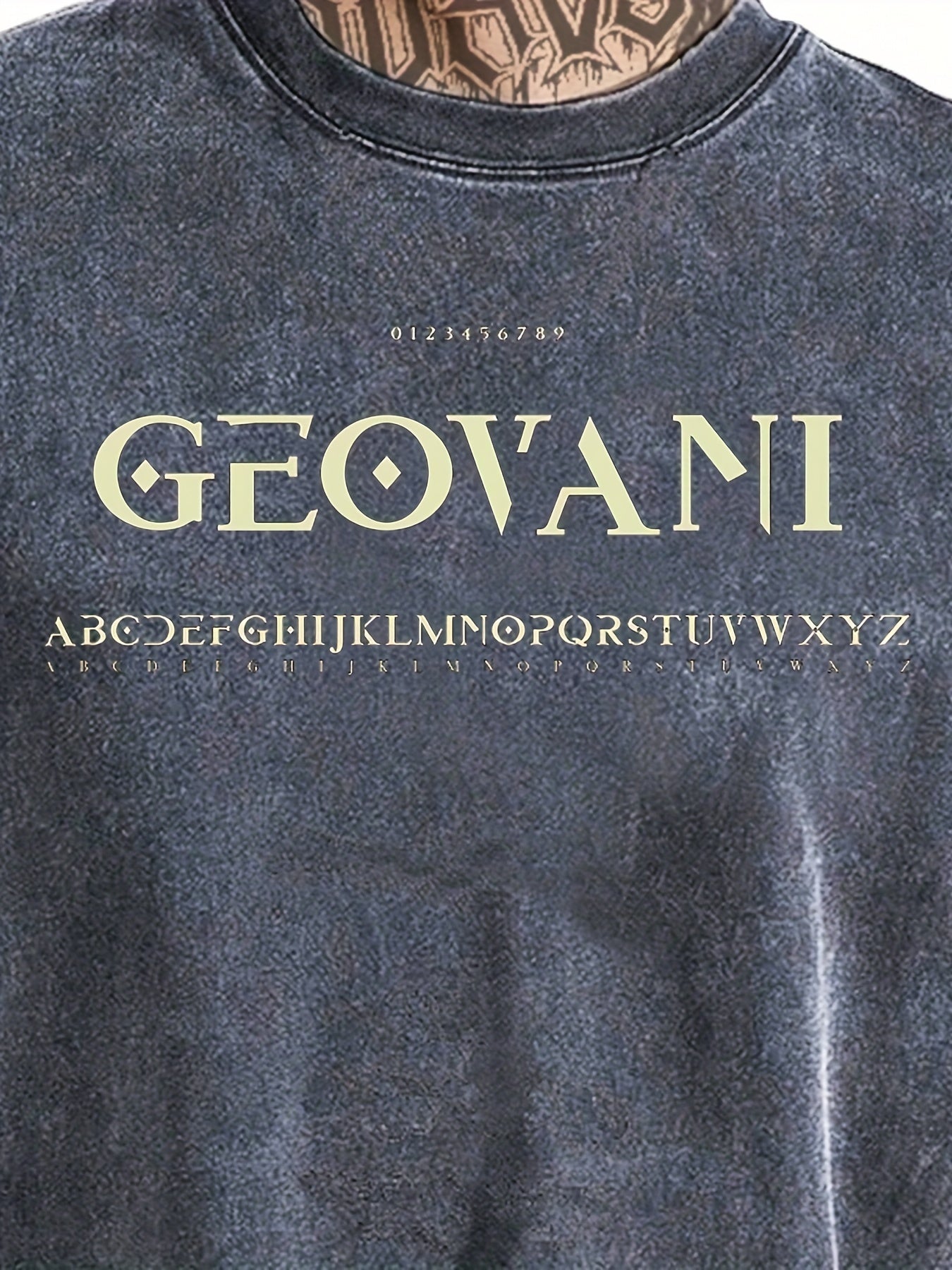 Men's black cotton t-shirt with "GEOVANI" letter print - vintage-inspired, casual fit, perfect for summer.