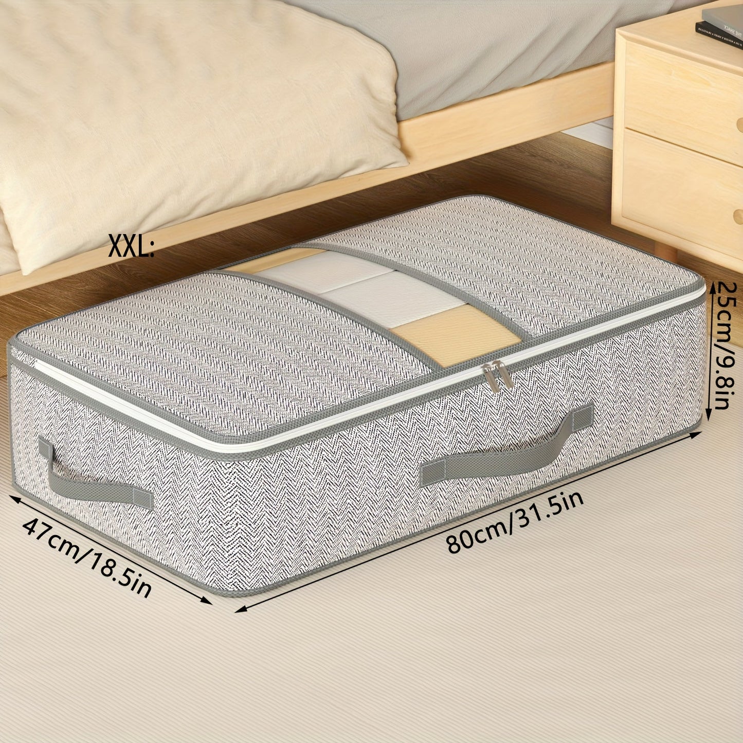 This multifunctional foldable non-woven storage bag in gray arrow design has a large capacity and upgraded large opening visible window. It can be used to store clothes, quilts, and other home supplies. It is suitable for placing in wardrobes, under