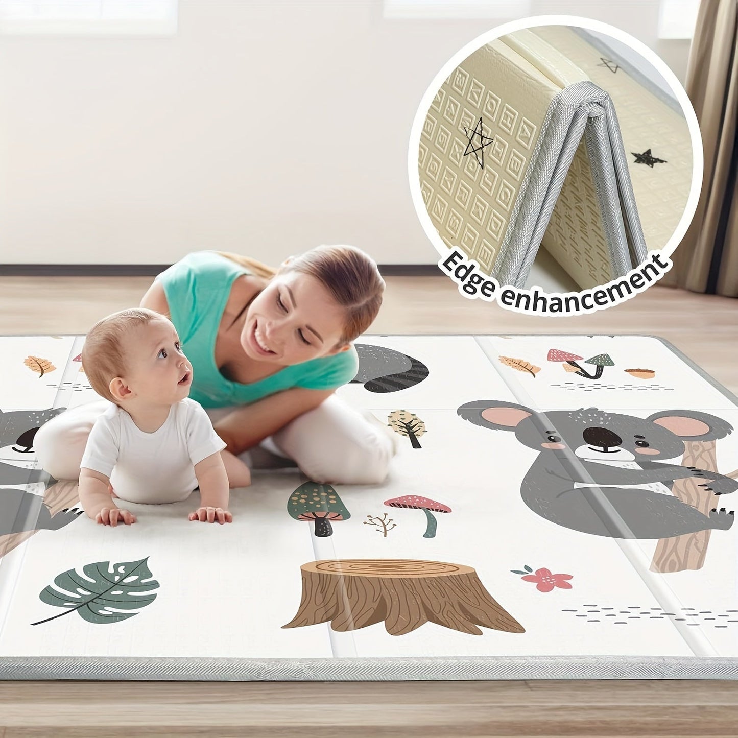 The Waterproof Foldable Play Mat measures 127.0x127.0 cm and features dual-side Koala & Star patterns. Made of PE foam, this floor gym is ideal for children -8 years for nursing and playtime. It is portable for both indoor and outdoor use, making it the