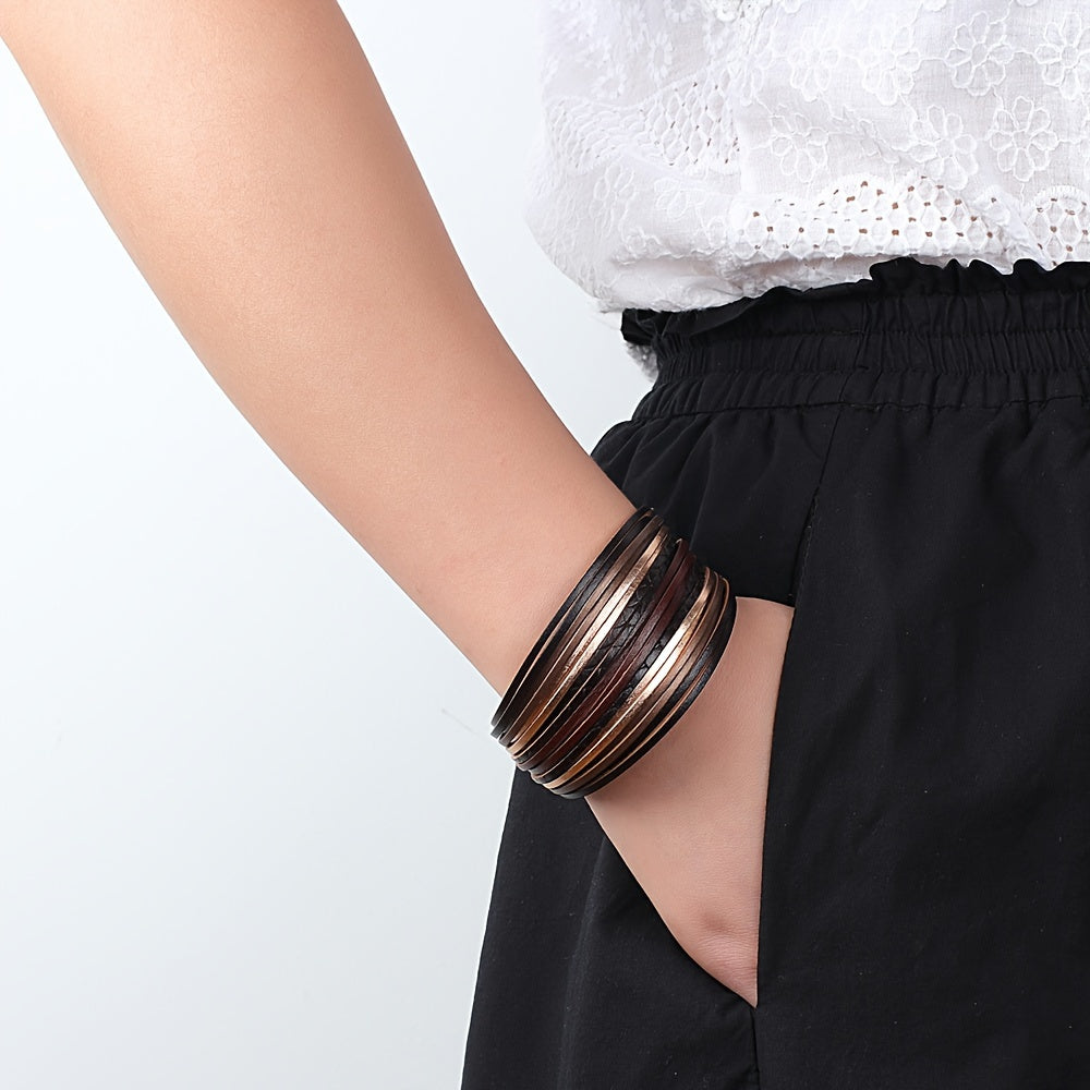 Vintage style Bohemian multi-layer PU leather wrap bracelet in brown and black strands, designed for friendship couples. Features an adjustable clasp for the perfect fit.