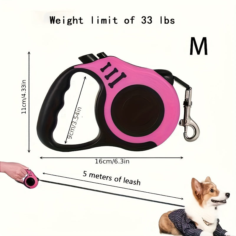 Sturdy dual-switch retractable dog leash offers easy control and comfortable grip.