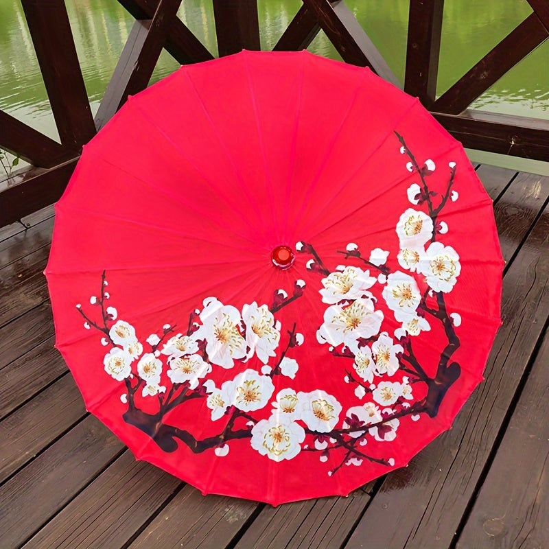 Chinese Flowers Parasol Umbrella with Cherry Blossom Sakura Floral Bamboo Handle for Sun and Rain Protection, Ideal for Weddings and Parties.