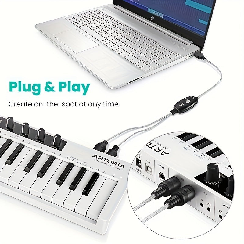 USB to MIDI Cable Converter with 16-channel audio jack adapter for keyboards, compatible with Windows & Mac. Features LED indicator, plug and play functionality, ideal for music production.