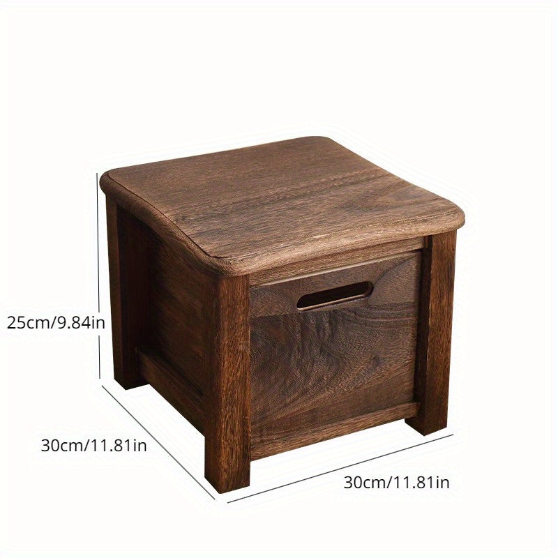 Classic wooden shoe changing stool with storage drawer, dark brown, armless, non-padded.