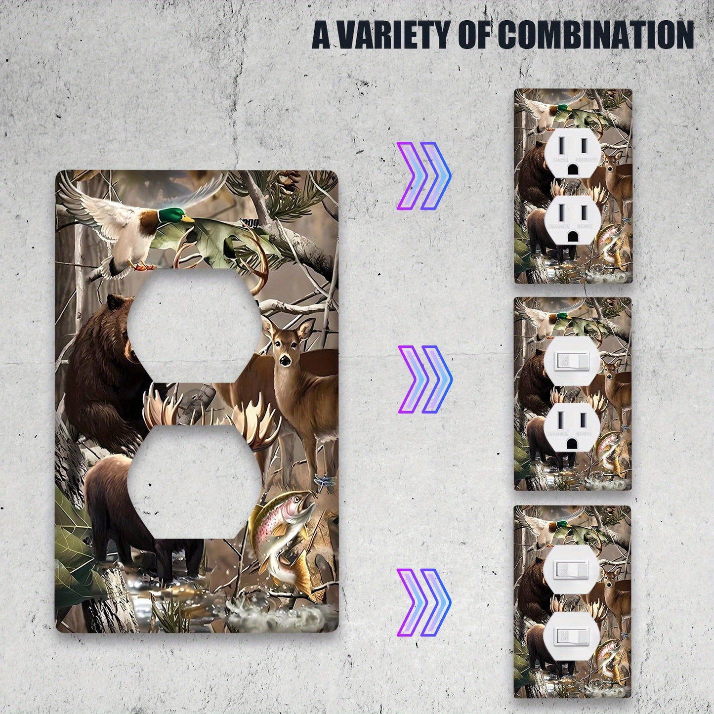 "Bear Forest Deer Light Switch Cover" sindirilmaydigan polykarbonatdan tayyorlangan, ichki va tashqi foydalanish uchun mos.