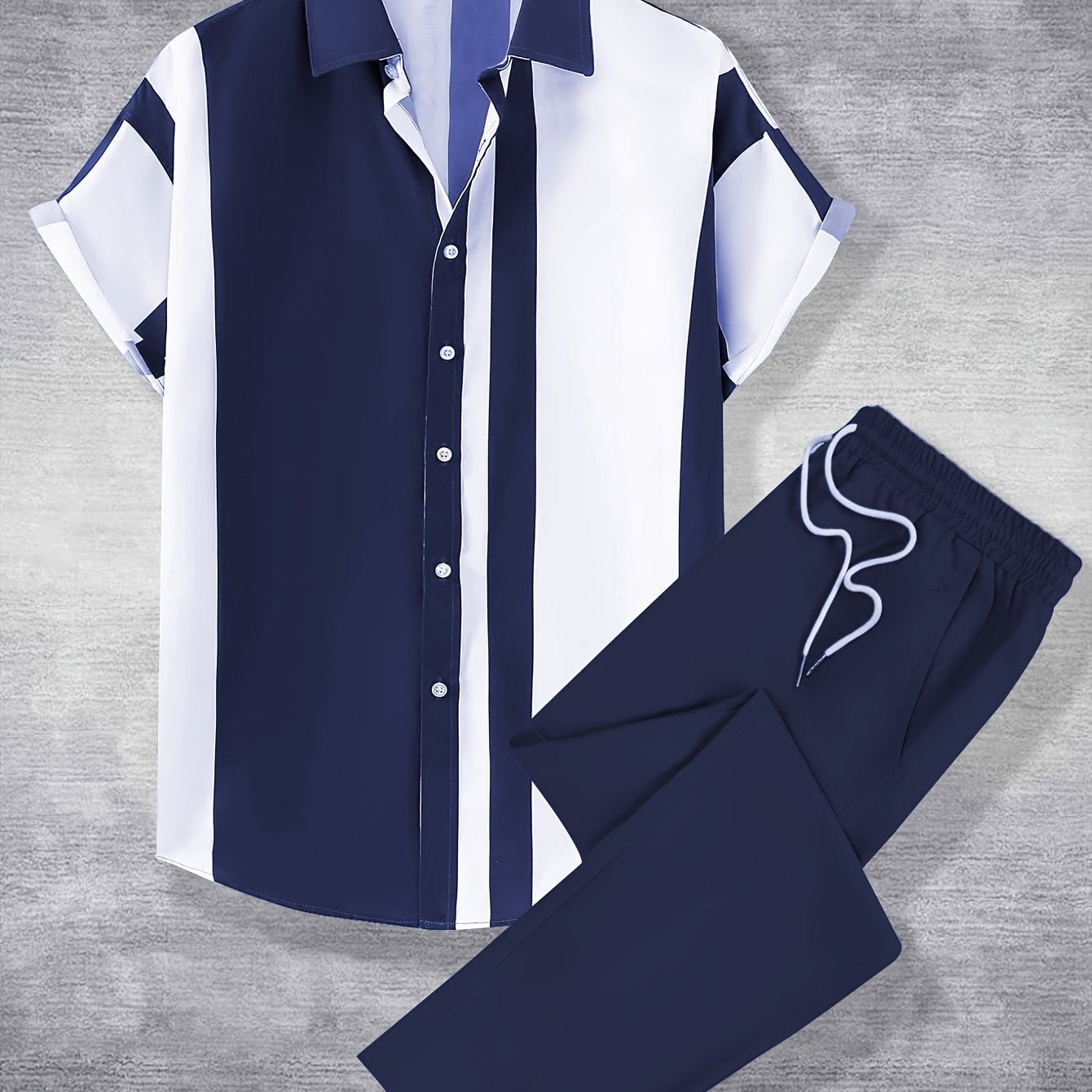 Men's casual collar short sleeve shirt and straight pants suit made of polyester.