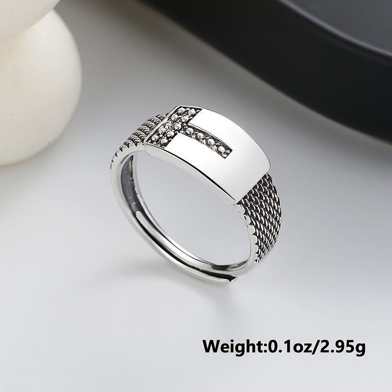 VIGG S925 Sterling Silver Hip Hop Style Geometric T-Shape Adjustable Open Ring for Men and Women, Unisex Punk Festival Fashion Jewelry, Perfect for Daily Wear and All Seasons