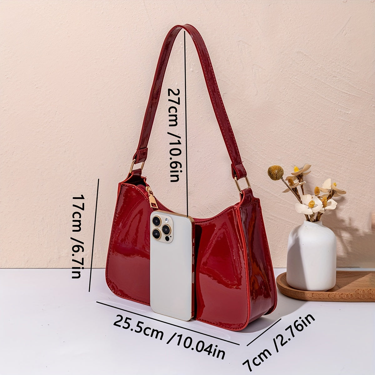 Women's Glossy Red PVC Shoulder Bag with Golden-Tone Hardware, Detachable Strap | Stylish Baguette for Everyday, Work, or Vacation | Ideal Gift for Moms and Girlfriends | Elegant Top Handle