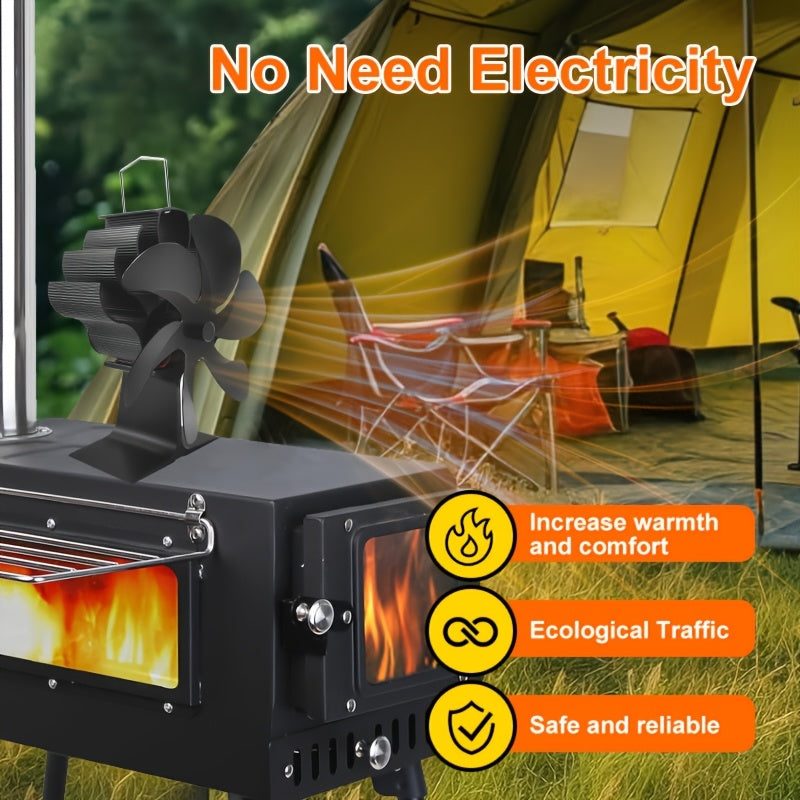 The EcoPulse Aluminum 6-Blade Wood Burning Stove Fan is a portable exhaust fan perfect for indoor/outdoor use, fireplace and camping. This air circulation accessory is powered without electricity and comes with multiple components for easy assembly.