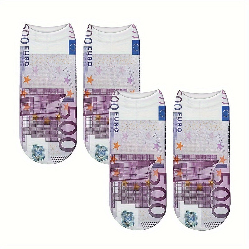 Men's novelty socks featuring various currency designs including US Dollar, Euros, Japanese Yen, and British Pounds.