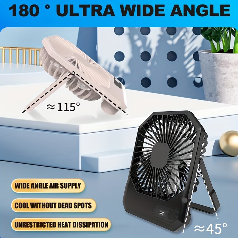 Introducing the 1pc Portable USB Desktop Fan with Digital Display. This 3-speed 6-inch mini cooling fan offers 180° silent operation and is perfect for indoor and outdoor use. With button control and a rechargeable lithium battery, it's ideal for home