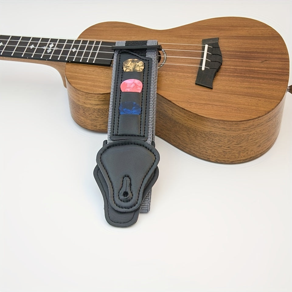 Adjustable black woven nylon guitar strap with paddle holder for versatile playing comfort.