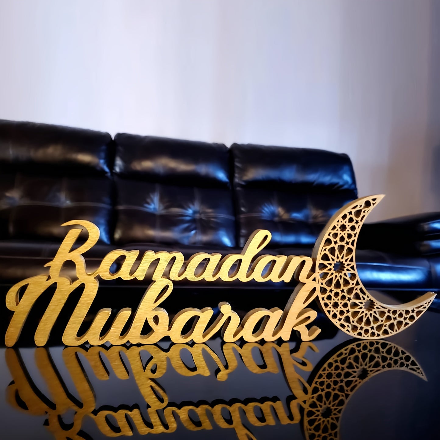 Chic Wooden Table Stand for Ramadan Mubarak - Bohemian Golden Crescent Moon & Stars Design, Ideal for Eid Al-Fitr Decor & Gifts, No Batteries Required