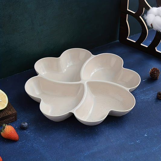 1pc unbreakable chip & dip serving platter with 4-compartment heart-shaped dish for snacks, nuts, candy, fruit, and salads.