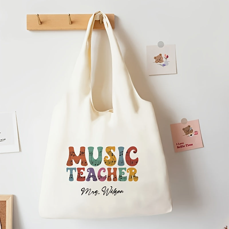 Customized Music Teacher Tote Bag - Durable Polyester Shoulder Bag with Cartoon & Alphabet Print, Easy to Carry, Foldable, Machine Washable - Perfect Present for Music Lovers and Educators